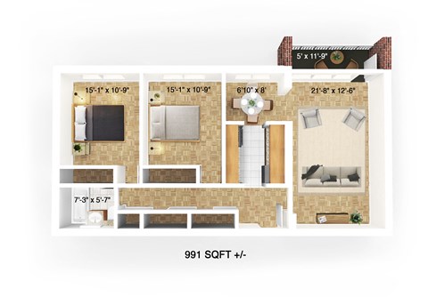 Floor plan for 2 beds, 1 bath, 991 sqft
